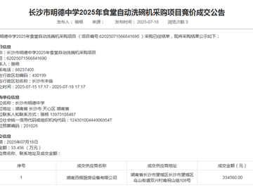 长沙市明德中学2025年食堂自动洗碗机采购项目竞价成交公告